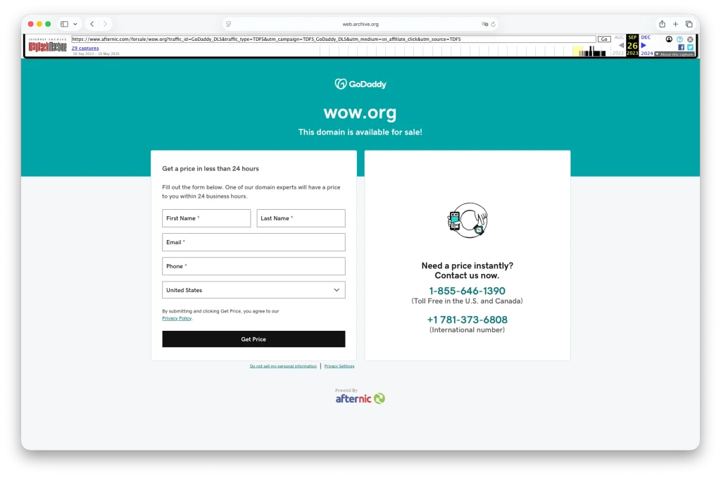 listed WOW.org for sale through the domain management backend on GoDaddy.com